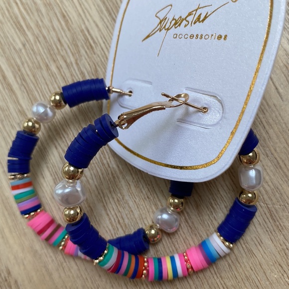 🎉HP🎉 Superstar Accessories Disc & Pearl Hoop Earrings 💗 Blue Gold Multi - Picture 5 of 8